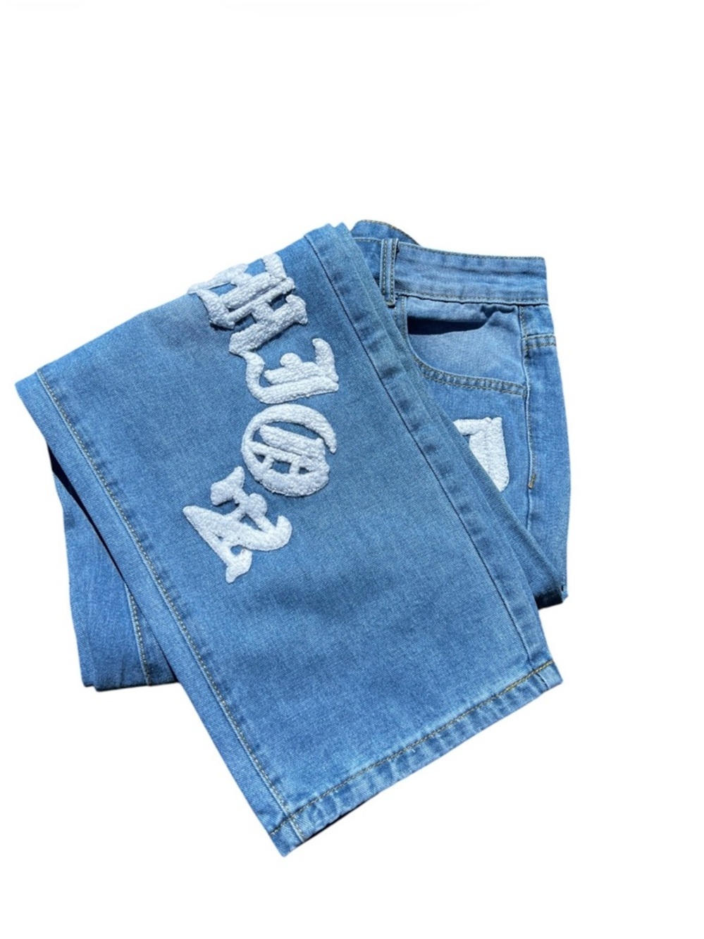 Men's Straight-Leg Blue Denim Jeans with White Graphic Script - Picture 9 of 15